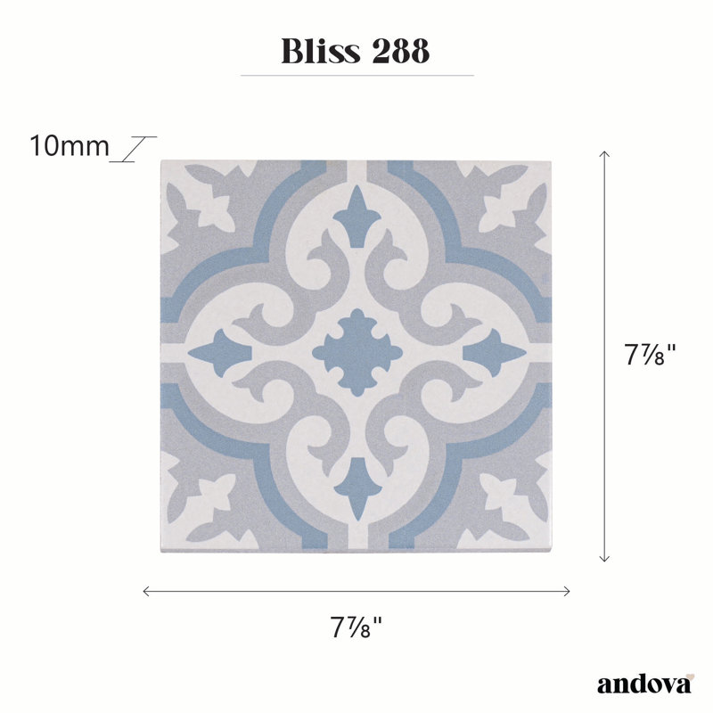 Bliss Revival Blue 8-in. Encaustic Spanish/Moroccan Patterned Matte Porcelain Wall & Floor Tile