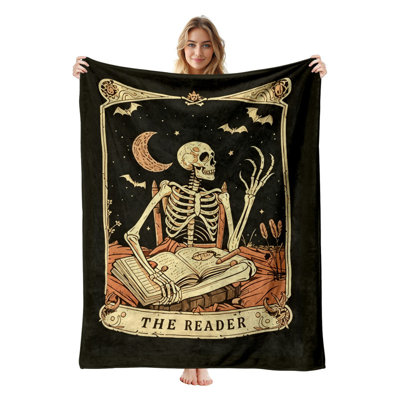 Jyk Halloween Flannel Fleece Twin Blanket, Lightweight, Breathable, Soft Cozy Warm Plush Microfiber, 60"x80",Skeleton Reading Book