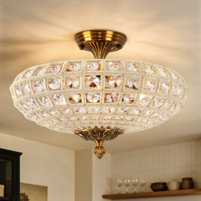 3-Light Antique Gold Crystal Beaded Oval Semi Flush Mount Ceiling Light
