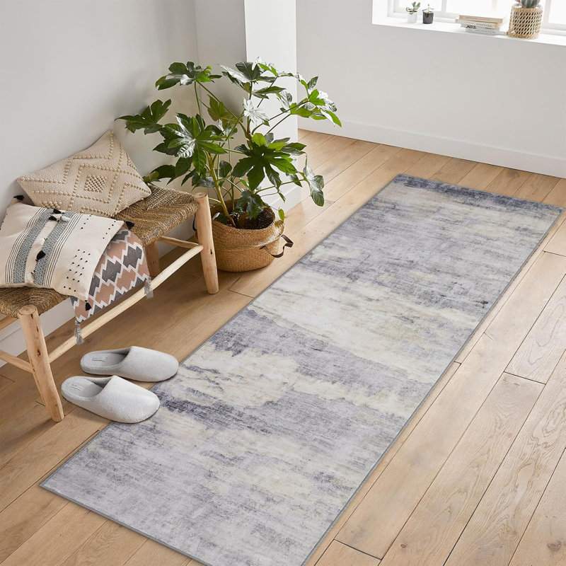 Tapis abstrait 2 x 6, tapis lavable à la machine avec envers antidérapant, tapis de maison de campagne moderne délavé doux pour la cuisine et la chambre à coucher (bleu)
