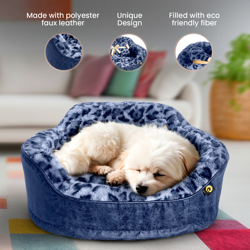 Navy Leopard Faux Fur Orthopedic Small Pet Bed