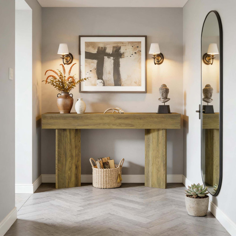 Table d'appoint rustique, console compacte, canapé