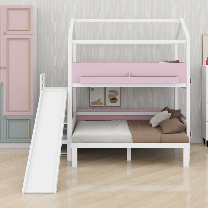 Lit superposé, en forme de maison avec glissière et escalier de rangement, structure robuste, Blanc + rose