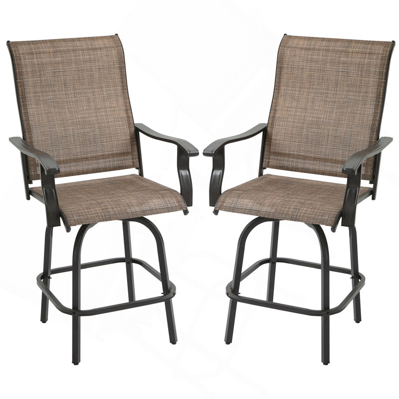 Ensemble de 2 tabourets de bar pivotants d'extérieur avec accoudoirs, chaises de patio à hauteur de bar avec cadre en acier pour balcon, bord de piscine, arrière-cour, brun