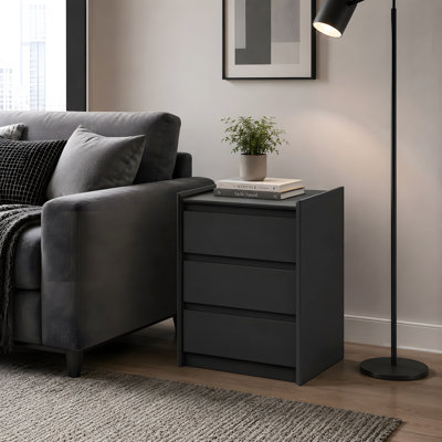 Modern Minimalist 20'' W 3-Drawer Nightstand with Hidden Charging Station, Black