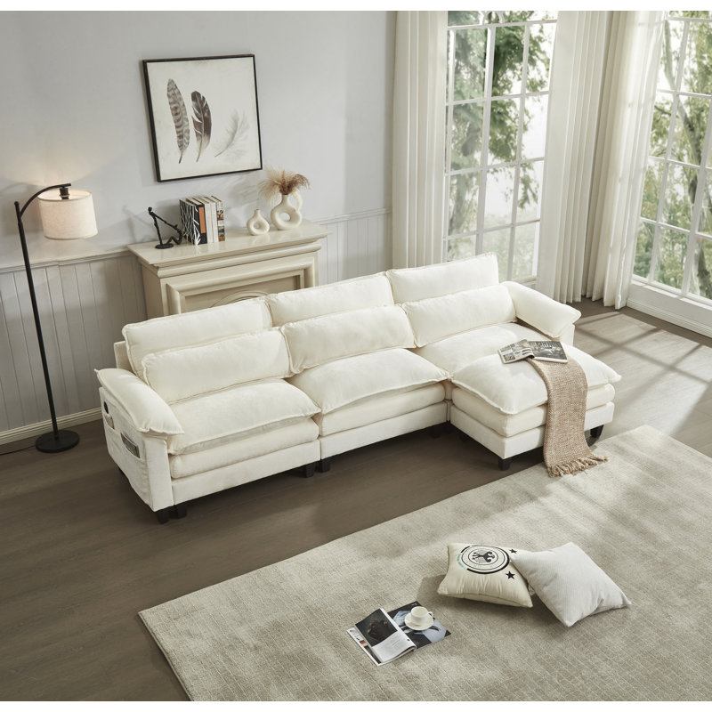 Luqi 4 Seater Modular Sectional Sofa Large L Shaped With Ottoman, Beige Chenille, 35.8" H x 115" W x 52.4" D