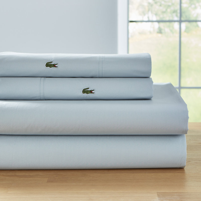 Lacoste Center Line Cotton Percale Sheet Set, Lightweight and Breathable Crisp Feel with Embroidered Crocodile, Light Blue, Twin