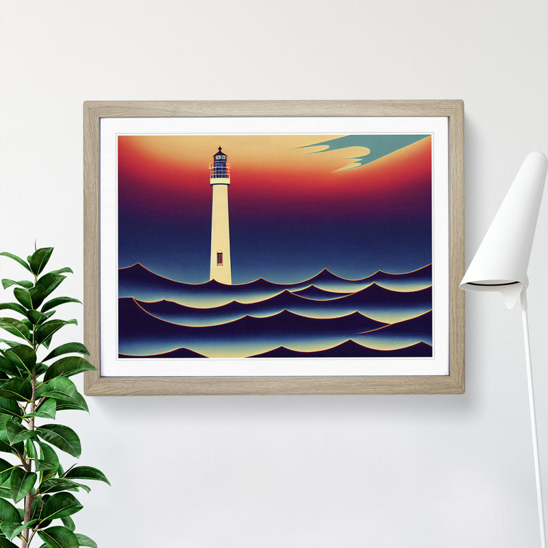 Art Deco Lighthouse - Single Picture Frame Print, 46cm H x 64cm W, Grey