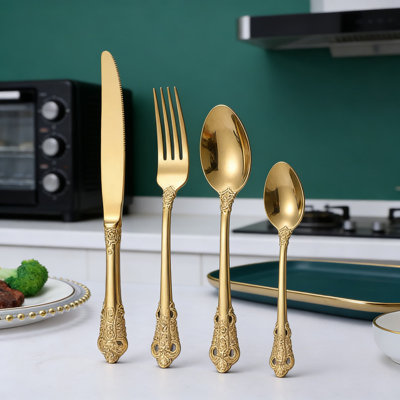 Ensemble de 16 couteaux à steak en acier inoxydable avec fourchettes et cuillères, design en relief élégant pour une cuisine raffinée, couverts de qualité restaurant