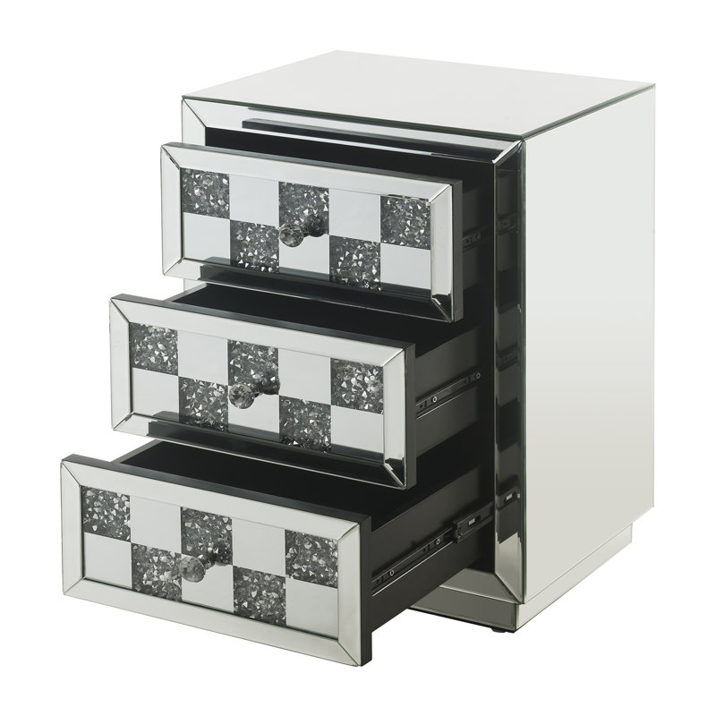 Luxurious Mirrored Glass and Faux Diamond 3-Drawer End Table