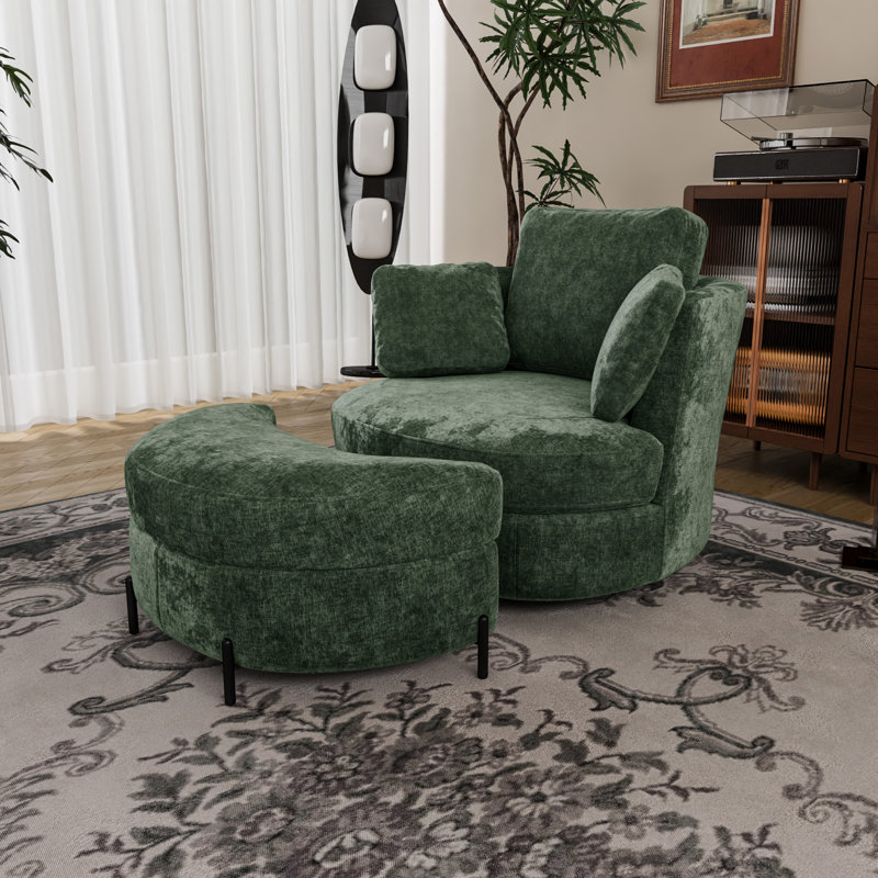 Modern Oversized Upholstered Swivel Barrel Chair With Storage Ottoman, Green Chenille