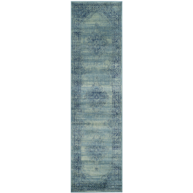 Tapis oriental turquoise / bleu Goodfellow, Tapis de couloir 2 pi 2 po x 10 pi