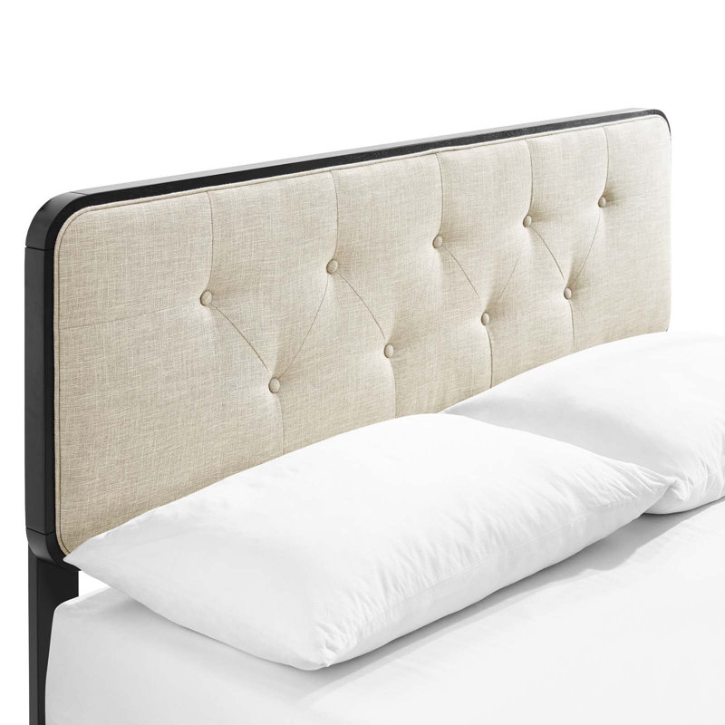Lit plateforme en bois Bridgette avec pieds évasés, Noir/beige, Double