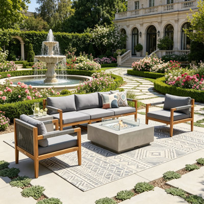 3 Pieces Outdoor Sectional Sofa Set, Rope Woven Patio Conversation Set with Solid Acacia Wood Frame, Water-Resistant Removable Cushions for Backyard, Deck and Poolside, Grey