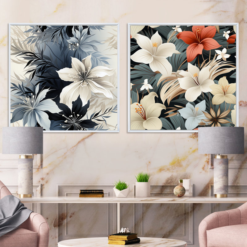 Northfields - Ensemble de 2 collages carrés floraux, Cadre flottant blanc, H 30 po x l 61 po