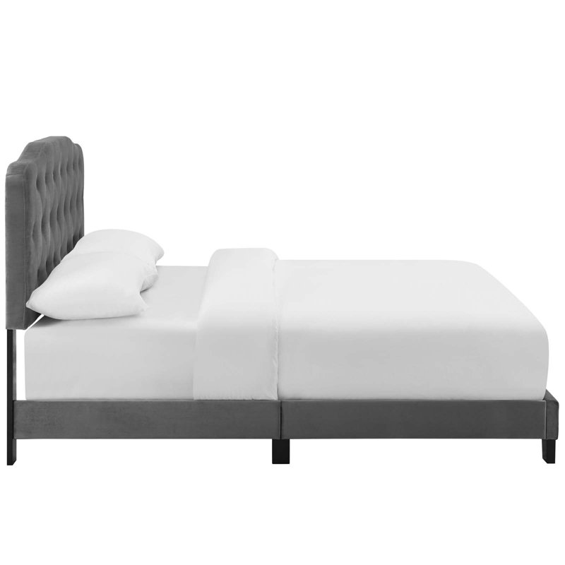 Gray Velvet Upholstered Queen Bed with Tufted Headboard