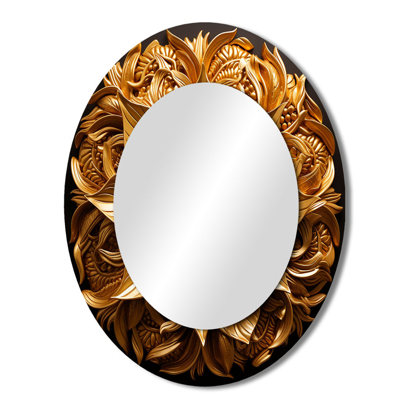 Abstract Golden Sunflower Glam Blooming - Gold Traditional Oval Wall Mirror, 43" x 33"