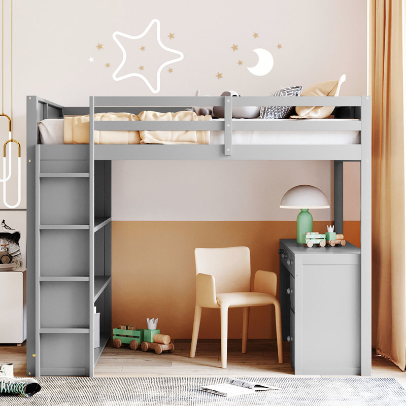 Lit mezzanine blanc avec et tiroirs - offre une expérience de sommeil confortable. Lit double, tablettes et bureau dans l'espace fonctionnel pour les adultes. Fabrication en bois massif. Aucun sommier n'est requis.