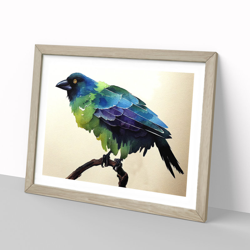 Crow Bird Watercolour - Framed Print, 34cm H x 46cm W x 2cm D, Oak