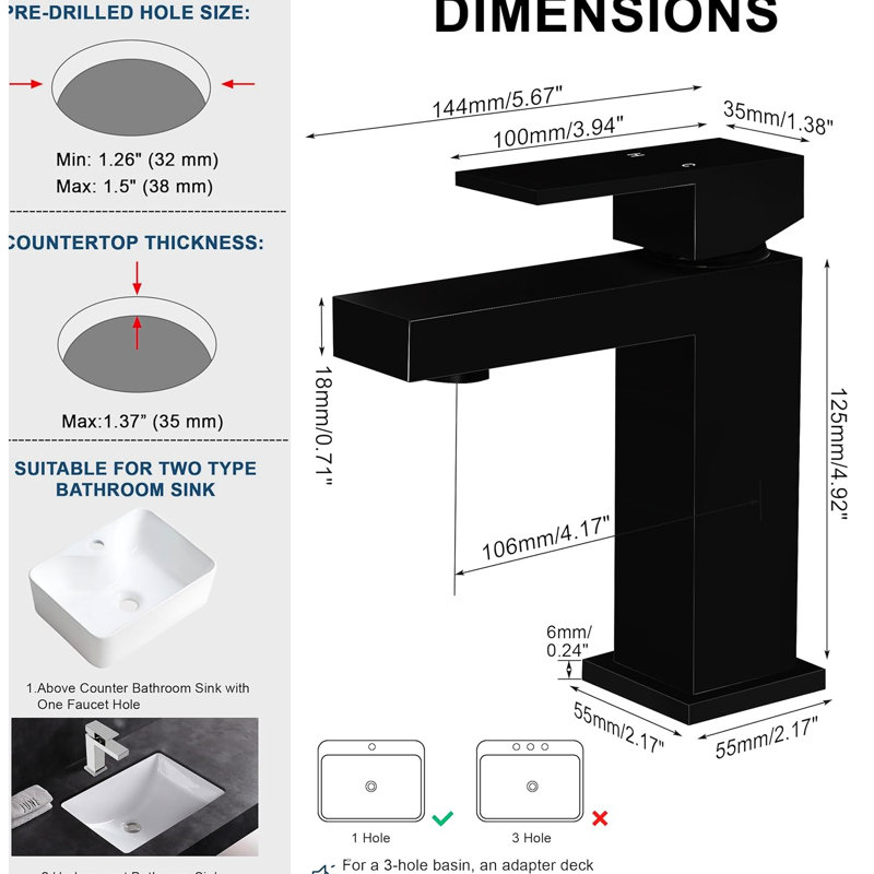 Single Handle Bathroom Faucet In Matte Black, Hole Installation, Solid Brass, Rustproof, Elegant Square Design, Adjustable Water Flow, Quick Installation Process Brass Black Faucet, Corrosion , Non -