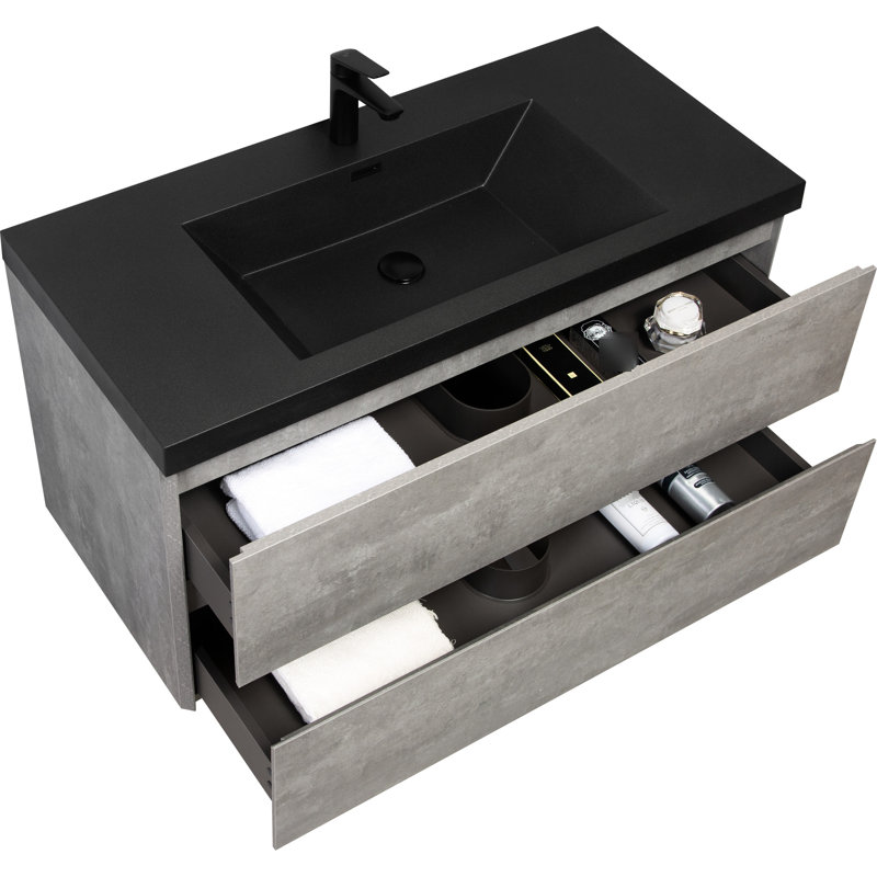Meuble-lavabo de 42 po de couleur grise avec lavabo. Lavabo à quartz moderne et lavabo à fermeture en douceur confortable. Tiroirs silencieux