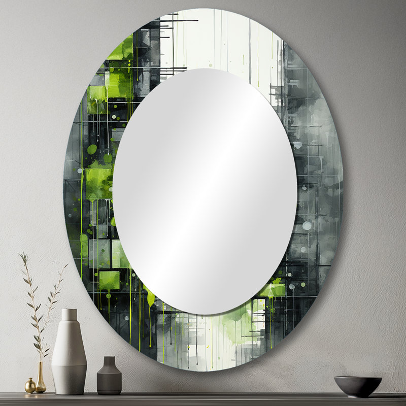 Lime Lofts Skyscraper City Horizon II - Green Oval Wall Mirror Decor, 43" H x 33" W
