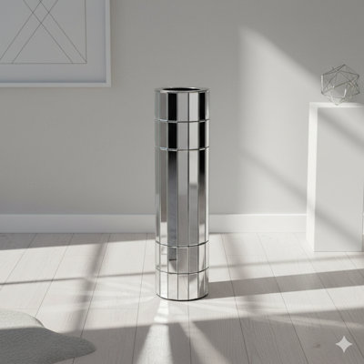 A 29.92-Inch (76 Cm) Tall Mirrored Floor Vase In A Round Silver Design. This Mirrored Glass Decorative Modern Vase Is Ideal For Home Decor In Living Rooms, Offices, And As A Centerpiece Display.