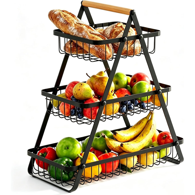 3 Tier Fruit Basket, Heavy Duty Fruit Bowl, Vegetable Bread Basket, Black