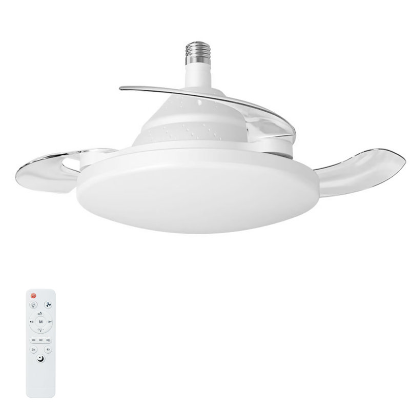 Ventilateur de plafond à ampoule rétractable avec éclairage, moteur réversible à 3 vitesses et télécommande