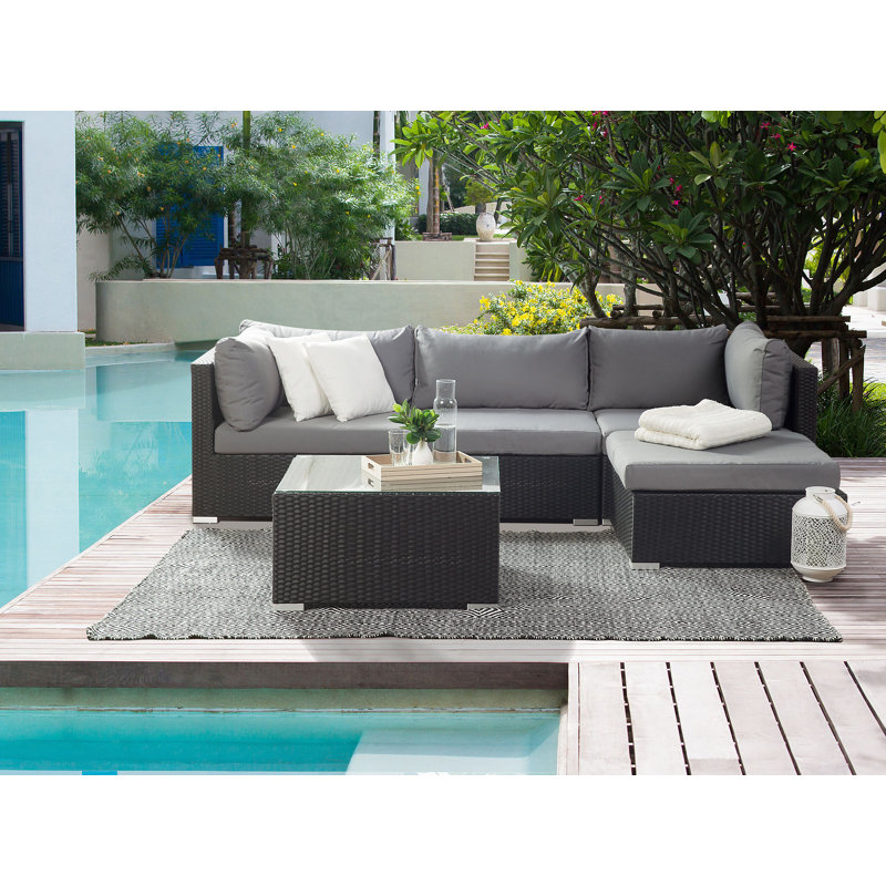 Garden Corner Sofa with Table 4 Seater SANO II Right Hand Modular PE Rattan Black