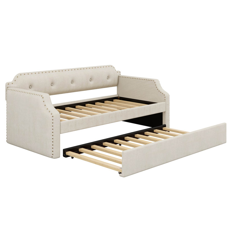 Twin Size Linen Upholstered Daybed With Trundle, Wooden Frame Armrests Bed W/Wood Slat Support, Arched Back & Nailhead Trim