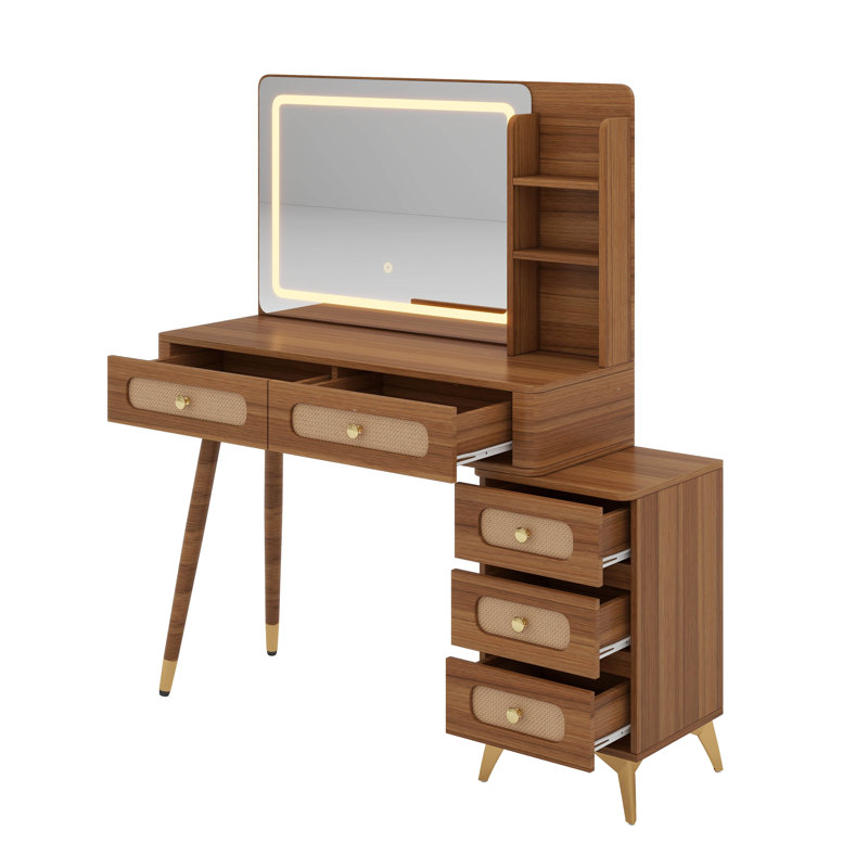 Coiffeuse de maquillage rétro avec miroir et lumières, bureau de coiffeuse avec 5 tiroirs et tablette de rangement, conception de tiroir en rotin