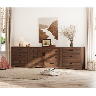 Glenford 127" Wide Modern Farmhouse Wooden Dresser Combo With 12 Drawers And Ajustable-Shelf-Cabinet For Teenagers
