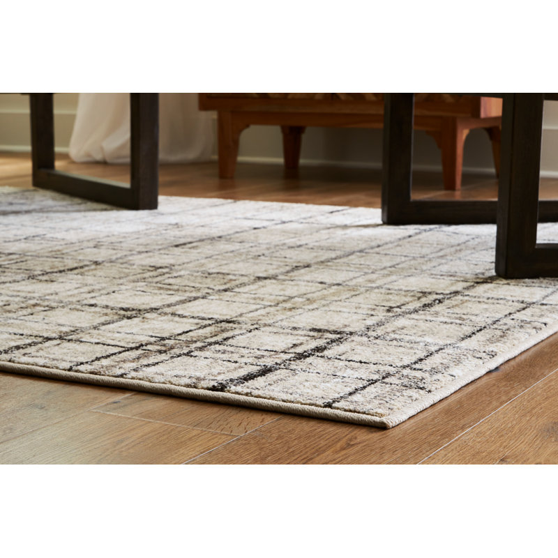 Azmerilla 5' x 7' Cream and Gray Plaid Area Rug