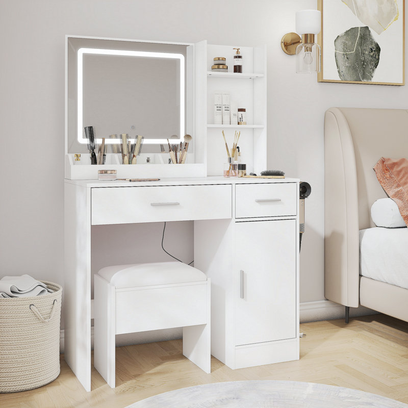 Ensemble de coiffeuse, bureau de coiffeuse avec tabouret, miroir lumineux à DEL et station de charge Lavin, blanc, Blanc