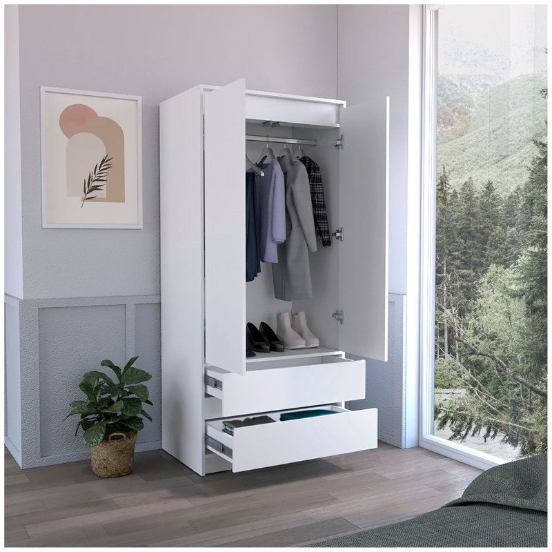 Armoire, penderie avec deux tiroirs, tringle, Blanc