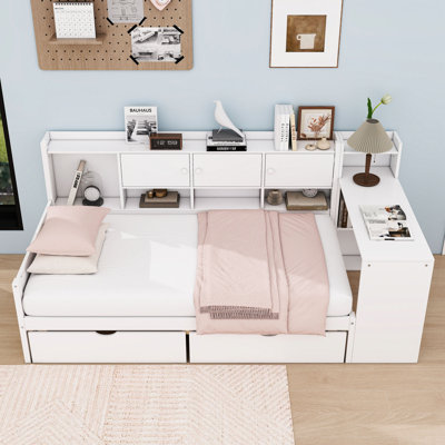 Wooden Daybed with Storage Drawers and Adjustable Study Desk