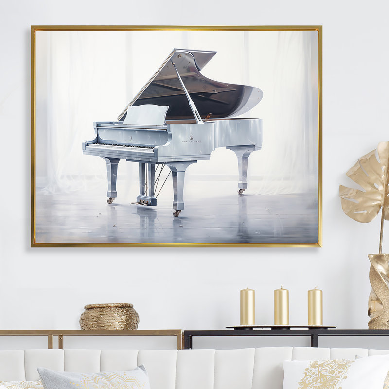 «Gray Piano Winter Echoes I», reproduction sur toile, Cadre flottant doré, H 16 po x l 32 po x P 1 po