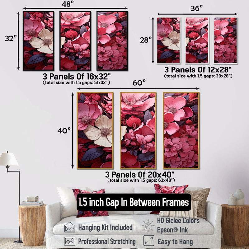 «Pink Twilight Poppies Glow Collage» - Art mural coquelicots, Cadre flottant noir, H 32 po x l 48 po x P 1 po