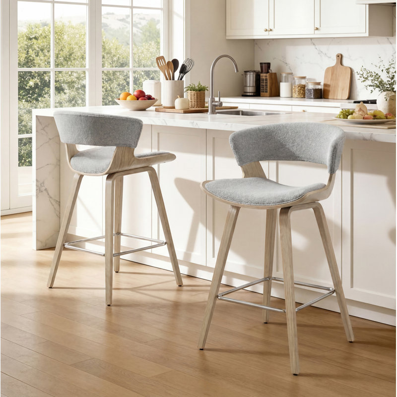 Binni 26.97" Fabric Upholstered Counter Stools with Solid Wood Frame, White Gray