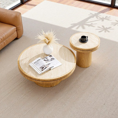 Set Of 2 Round Coffee Tables With Sintered Stone Top For Living Room, Durable Mdf Base, Modern Design