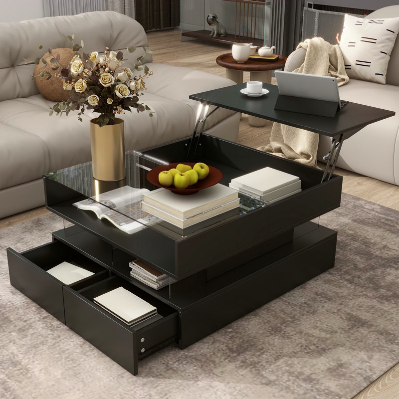 Table basse à plateau relevable avec 2 tiroirs, Noir