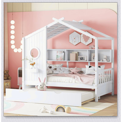 Wooden Twin Size House Bed With Trundle, Modern Design for Kids with Storage Shelves, Perfect for Play and Sleep
