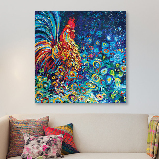 « kikeriki », reproduction d’art sur toile iris scott, H 48 po x l 48 po x P 1,5 po