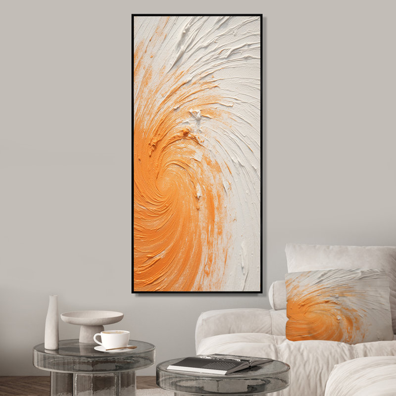 Orange et blanc, spirale minimale - spirale abstraite, art mural, Cadre flottant noir, H 60 po x l 28 po x P 1,5 po