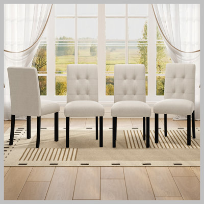 Chaise de salle à manger capitonnée 4 pièces, lin rustique revêtu de pieds en bois d'hévéa noir, chaise d'appoint rembourrée pour la cuisine, la salle à manger, le lit, beige