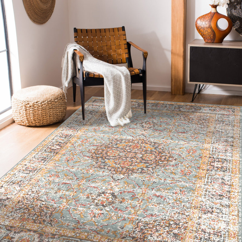 Tapis bleu marine / moutarde Botolphus, Rectangle 8 pi 11 po x 11 pi 11 po