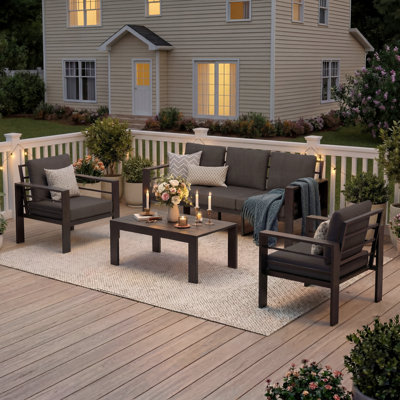 4-Piece Aluminum Outdoor Sectional Sofa Set With 4" Thick Cushions, All-Weather Rust-Resistant Patio Furniture With Coffee Table & Ergonomic Deep Seating ( Dark Grey Cushions-5 Seats)