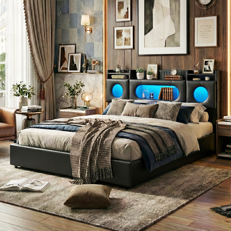 PU Leather Ottoman Bed, RGB LED Storage Headboard & USB-C Charging, European Double (140X200cm) & King (160X200cm) , Black