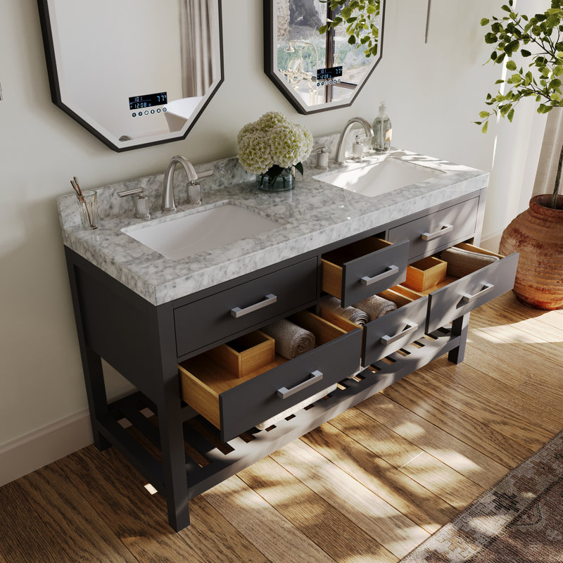 Ensemble de meuble-lavabo double 60 po Carrie, Gris saphir / nickel brossé, Marbre blanc de Carrare